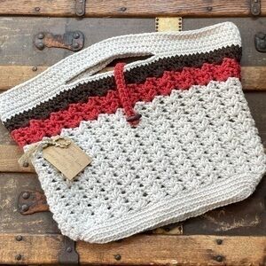 Handmade Oversize Handbag Tote Crochet Cream Orange Brown Boho Retro Style Bag
